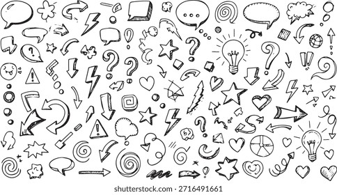 Eine umfassende Sammlung handgezeichneter Doodle-Elemente, einschließlich verschiedener Pfeile, Sprechblasen, Fragezeichen, Glühbirnen und anderer Symbole, alles im Skizzenstil.