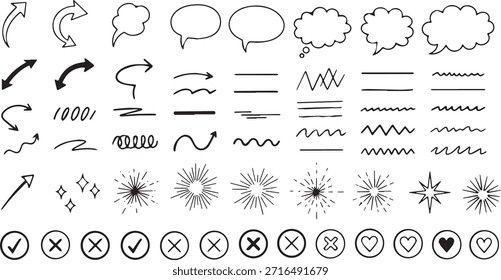 Una colección completa de Elementos de doodle dibujados a mano que incluye varias flechas, burbujas de discurso, subrayados, líneas onduladas, esteladas y marcas de verificación, perfecto para agregar un toque divertido a los diseños.