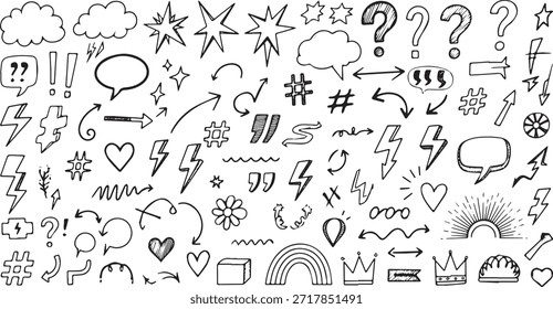 Uma coleção abrangente de elementos de rabiscar desenhados à mão, incluindo diversas setas, bolhas de fala expressivas, pontos de interrogação, pontos de exclamação, relâmpagos, corações, estrelas, nuvens e outros decréscimos.