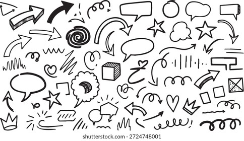 Una colección completa de Elementos de doodle dibujados a mano que incluye varios estilos de flecha, burbujas de discurso, corazones de estrellas y Formas abstractas perfectas para agregar un toque juguetón y creativo a cualquier diseño.