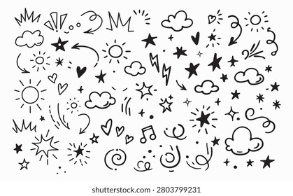 A comprehensive collection of hand drawn doodle elements presented in a clean vector format. This versatile set includes a variety of whimsical illustrations such as sparkling stars fluffy clouds expressive arrows romantic hearts glowing suns and energetic lightning bolts. Perfect for enhancing your creative graphic design projects these playful sketches add a charming touch to social media graphics invitations posters packaging and digital artwork. Each item is crafted with a cute and minimalist line art style making them highly adaptable for diverse artistic applications. Whether you are designing for children branding a trendy business or creating fun patterns this assortment provides essential decorative components to elevate your visual storytelling. The simplistic black and white design ensures seamless integration into any color scheme or background layout. Expand your design toolkit with these charming abstract icons and sketchy details that bring a joyful handmade feel to your professional or personal work.