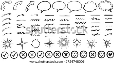 A comprehensive collection of hand drawn doodle elements including various arrows, speech bubbles, wavy lines, underlines, starbursts, and checkmark and cross icons, perfect for design projects.
