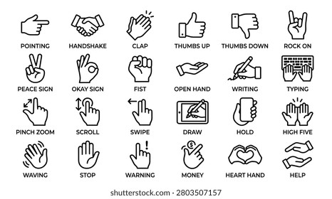 Comprehensive collection of hand gesture icons for communication and actions. Includes pointing, handshake, clap, thumbs up, thumbs down, rock on, peace sign, okay sign, fist, open hand, writing, typing, pinch zoom, scroll, swipe, draw, hold, high five, waving, stop, warning, money, heart hand, help. Versatile for design projects.