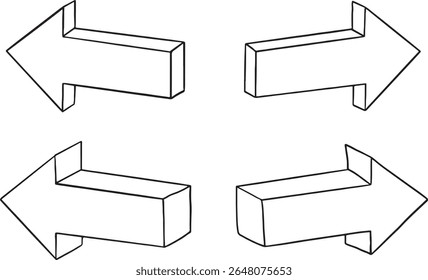 Eine umfassende Kollektion von handgezeichneten Pfeilillustrationen im monochromen Umrissstil mit verschiedenen Richtungen, Formen und 3D-Effekten. Dieses vielseitige Set enthält gerade, gekrümmte, kreisförmige.