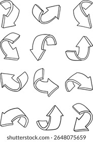 A comprehensive collection of hand-drawn arrow illustrations in monochrome outline style, featuring various directions, shapes, and 3D effects. This versatile set includes straight, curved, circular.