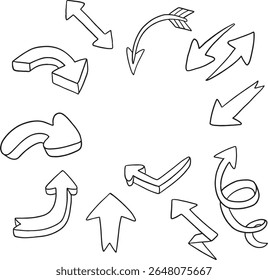 A comprehensive collection of hand-drawn arrow illustrations in monochrome outline style, featuring various directions, shapes, and 3D effects. This versatile set includes straight, curved, circular.