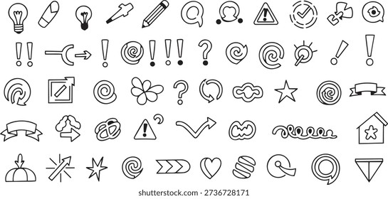 A comprehensive collection of hand-drawn black line icons on a white background. Includes symbols for ideas, communication, navigation, and decoration such as light bulbs, arrows, exclamation marks, and stars in a minimalist doodle style.