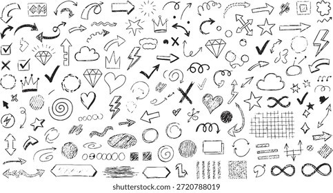 Uma coleção abrangente de setas de doodle desenhadas à mão, marcas de verificação, cruzes, corações, estrelas, coroas, nuvens, diamantes e outros símbolos, perfeito para adicionar um toque divertido e artístico a qualquer um.