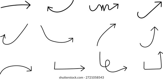 Eine umfassende Sammlung von handgezeichneten Doodle-Pfeilen in verschiedenen Stilen und Richtungen für das Design. Vektorgrafik