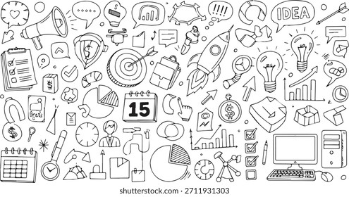 Una colección completa de íconos de doodle dibujados a mano que representan varios aspectos de los negocios, el marketing y las finanzas, incluidos gráficos, bombillas, cohetes, objetivos y símbolos de comunicación.