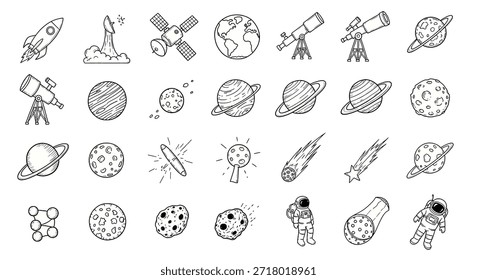 A comprehensive collection of hand-drawn doodle icons representing various elements of space exploration, astronomy, and celestial bodies, including rockets, planets, telescopes, and astronauts.