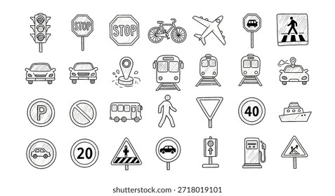 A comprehensive collection of hand-drawn doodle icons depicting various modes of transportation, essential road signs, and navigation symbols, isolated on a white background.