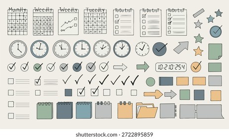 Uma coleção abrangente de ícones de rabiscar desenhados à mão e elementos projetados para planejadores, incluindo calendários, listas de tarefas, relógios, marcas de seleção, setas e várias formas organizacionais, perfeito para .