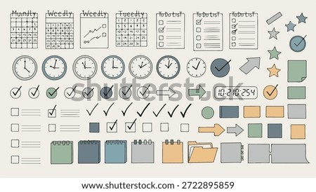 A comprehensive collection of hand-drawn doodle icons and elements designed for planners, including calendars, to-do lists, clocks, checkmarks, arrows, and various organizational shapes, perfect for .