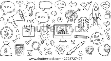 A comprehensive collection of hand-drawn doodle icons representing various aspects of business, marketing, and finance, including communication, strategy, growth, and time management.