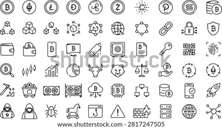 A comprehensive collection of hand-drawn doodle icons representing various cybersecurity, data protection, digital privacy, and internet technology concepts arranged in a neat grid pattern.