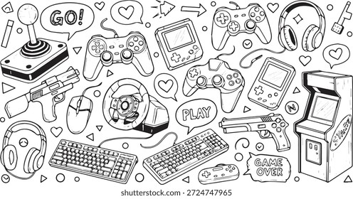 Eine umfassende Sammlung handgezeichneter Doodle-Illustrationen mit einer Vielzahl von Spielgeräten, einschließlich Controllern, Konsolen, Headsets, Tastaturen und Arcade-Maschinen, die perfekt für Spiele geeignet sind.