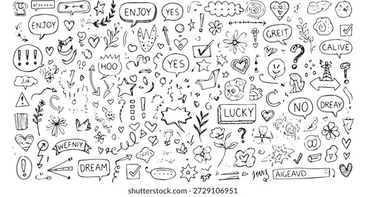 Una colección completa de garabatos dibujados a mano con burbujas de discurso con palabras como 'Disfrutar', 'Sí', 'Suerte' y 'Sueño', junto con una variedad de corazones, estrellas, flechas, signos de interrogación, excla.