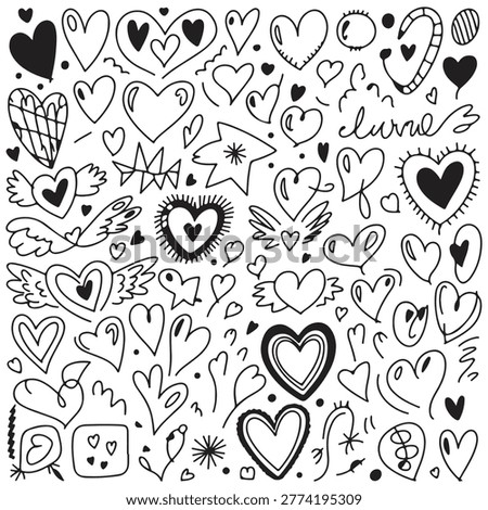 A comprehensive collection of hand-drawn heart doodles featuring various artistic styles and shapes. This set includes sketches of hearts with wings, patterned hearts, bold outlines, and unique romantic symbols. Perfect for Valentine's Day designs, wedding invitations, greeting cards, scrapbooking, and creative digital projects that require a charming, personal, and expressive touch. The black and ink-style illustrations offer a versatile aesthetic for both modern and rustic design themes.