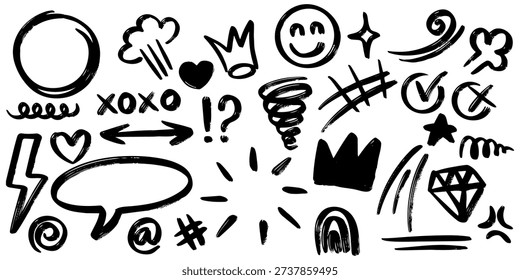 comprehensive collection of hand-drawn urban doodle elements, including speech bubbles, stars, crowns, hearts, and abstract symbols. Created with a rough marker stroke style, these graffiti-inspired icons are perfect for street fashion branding, social media graphics, and edgy modern designs.