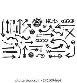 A comprehensive collection of hand-drawn vector arrows and scribbles in a messy, grunge ink style. Features various shapes including curved, straight, double-ended, and spiral pointers. Perfect for infographic design, bullet journals, and creative presentations.