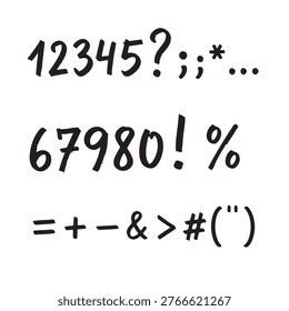 A comprehensive collection of hand-written numbers from 0 to 9 and common typographic symbols (question mark, exclamation point, percentage, ampersand, and math operators). Isolated on a clean white background with a textured, felt-tip marker aesthetic, perfect for educational materials, DIY crafts, or informal graphic design projects.