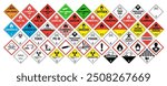 A comprehensive collection of hazard and warning signs, including flammable, toxic, radioactive, and explosive symbols, displayed in colorful diamond shapes.