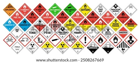 A comprehensive collection of hazard and warning signs, including flammable, toxic, radioactive, and explosive symbols, displayed in colorful diamond shapes.