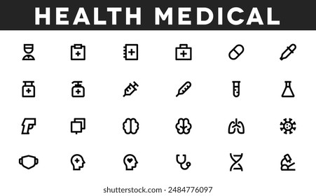 A comprehensive collection of health and medical vector icons, including first aid essentials, surgical tools, and mental health symbols, perfect for healthcare information materials and educational 