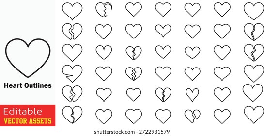 Coleção Abrangente de Contornos de Coração e Ícones de Coração Quebrado Apresentando Amor Minimalista Diverso e Conjunto de Vetor de Símbolos Heartbreak

Este recurso gráfico profissional oferece uma extensa biblioteca de ícones com temática cardíaca, meticulosamente desenhada como uma arte de linha limpa e minimalista. Isolado sobre um fundo branco, o conjunto apresenta uma gama diversificada de contornos sólidos e motivos de coração partido, representando tanto o amor quanto a angústia emocional. A coleção inclui corações perfeitamente simétricos, formas arredondadas estilizadas e vários estados de fragmentação - de simples quebras limpas a complexas fraturas irregulares. Esses ativos vetoriais editáveis de alta qualidade são perfeitos para cartões de saudação românticos, campanhas de conscientização sobre saúde mental, interfaces de aplicativos de namoro e narrativa de mídias sociais. O layout baseado em grade garante que os designers tenham um conjunto de símbolos consistente e visualmente atraente pronto para integração perfeita em qualquer projeto digital ou de impressão.

Os principais recursos incluem:
Variado alcance emocional: Cobre todo o espectro do simbolismo cardíaco, desde ícones de amor fundamentais a várias representações de desgosto e cura.

Estética minimalista moderna: Apresenta contornos finos, consistentes em preto que fornecem uma aparência sofisticada e versátil para tendências de design modernas.

Biblioteca gráfica funcional: otimizada para design da Web, elementos de UI, infográficos e materiais promocionais sazonais (como o Dia dos Namorados).

Qualidade profissional do vetor: arquivo EPS totalmente escalável e editável, permitindo a fácil personalização da espessura do traçado, cor e tamanho sem qualquer perda de detalhes.