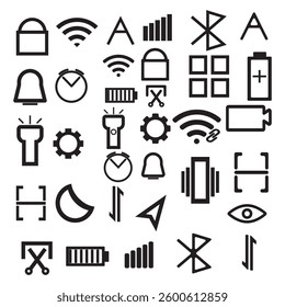 A comprehensive collection of high-resolution technology icons on a white background. Modern and versatile communication icon set for UI and UX design. Set of technology and communication symbols.