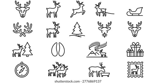 Comprehensive collection of holiday and winter line icons, featuring various reindeer, festive elements, and arctic scenery.