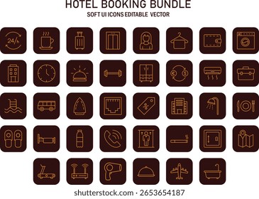 Coleção abrangente de ícones de interface de reserva de hotel em um estilo moderno de design de interface de usuário suave que aprimora