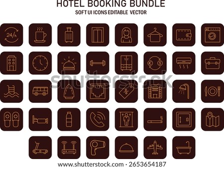 Comprehensive collection of hotel booking interface icons in a modern soft user interface design style that enhances