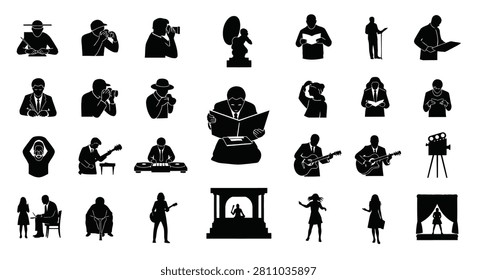 Comprehensive collection of human activity silhouettes including photographers, musicians, readers, and professionals. Isolated black icons on white background for design and infographics.