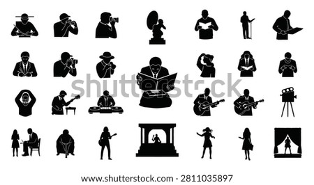 Comprehensive collection of human activity silhouettes including photographers, musicians, readers, and professionals. Isolated black icons on white background for design and infographics.