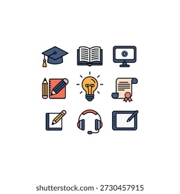 A comprehensive collection of icons representing digital and traditional learning tools Vector, illustration