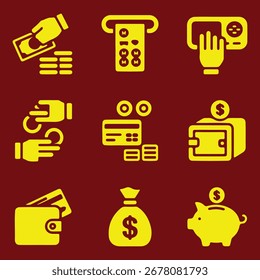 Una colección completa de íconos que representan conceptos financieros como dinero, transacciones, ahorros y métodos de pago.