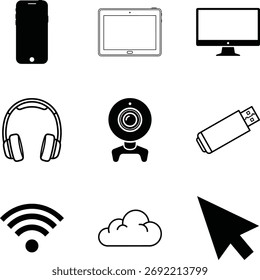 Una colección completa de íconos que representan la tecnología moderna y las herramientas de comunicación digital, como teléfonos inteligentes, computadoras y símbolos de red, aislados sobre un fondo blanco limpio.