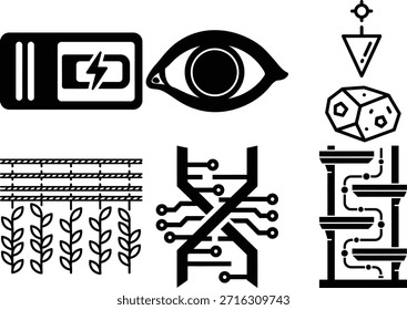 Eine umfassende Sammlung von Symbolen, die moderne Wissenschaft, Technologie und nachhaltige Zukunft repräsentieren, einzeln auf weißem Hintergrund, Vektor