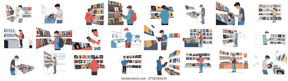 Una colección completa de ilustraciones que muestran a diversos jóvenes navegando, seleccionando y comprando discos de vinilo en un entorno de tienda de música estilizada, celebrando el hobby retro.