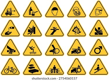 Comprehensive Collection of Industrial Safety Warning Signs and Hazard Symbols. Vector illustration for workplace safety, risk awareness, and public information materials.