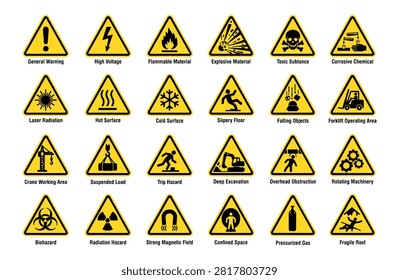 Comprehensive collection of industrial warning signs including electrical hazards, flammable materials, explosive substances, toxic chemicals, slippery floors, laser radiation, falling objects, forklifts, confined spaces, biohazards, magnetic fields, excavation, radiation, and machinery hazards. Suitable for workplace safety signage, factories, laboratories, warehouses, and construction environments.