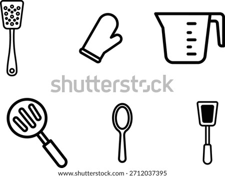 A comprehensive collection of kitchen cooking and baking essential outline icons showcasing various domestic culinary tools like spatulas an oven mitt a measuring cup and spoons perfect for web 