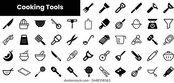 Uma coleção abrangente de ferramentas de cozinha, com vários utensílios como facas, colheres e copos de medição, apresentados em um design elegante em preto e branco.