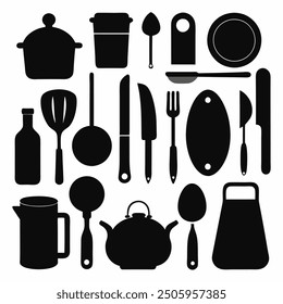 A comprehensive collection of kitchen tools silhouette vectors. Perfect for culinary-themed projects, these high-quality designs include essential utensils and appliances in clean, crisp outlines.