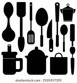 A comprehensive collection of kitchen tools silhouette vectors. Perfect for culinary-themed projects, these high-quality designs include essential utensils and appliances in clean, crisp outlines.