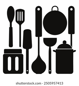 A comprehensive collection of kitchen tools silhouette vectors. Perfect for culinary-themed projects, these high-quality designs include essential utensils and appliances in clean, crisp outlines.