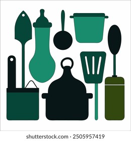 A comprehensive collection of kitchen tools silhouette vectors. Perfect for culinary-themed projects, these high-quality designs include essential utensils and appliances in clean, crisp outlines.