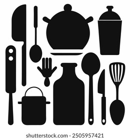 A comprehensive collection of kitchen tools silhouette vectors. Perfect for culinary-themed projects, these high-quality designs include essential utensils and appliances in clean, crisp outlines.